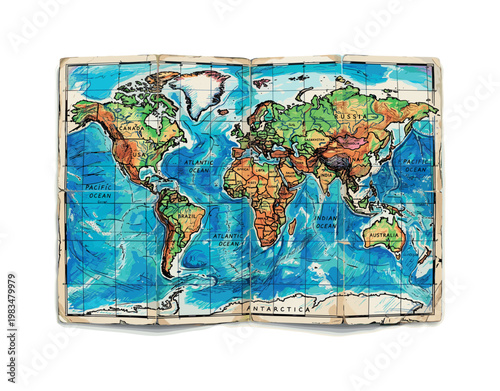 Folded world map with visible creases and layered panels showing cartographic layout in expressive vibrant multicolor pen sketch