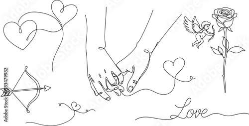 Romantic Line Art of Intertwined Hands, Hearts, Cupid, Rose, and Love Symbols for Valentine's Day and Love-themed Designs