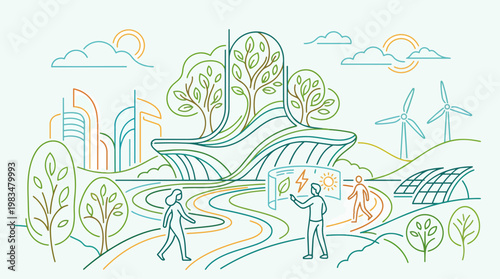 Nature and technology harmony scene represented in strict curved minimal line logic,  same base - nature, technology, harmony, scene, represented, strict, curved, line