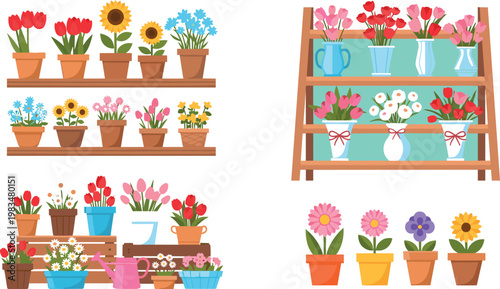 Flower pots and shelves vector set colorful blooming plants collection with garden display stand and decorative illustration