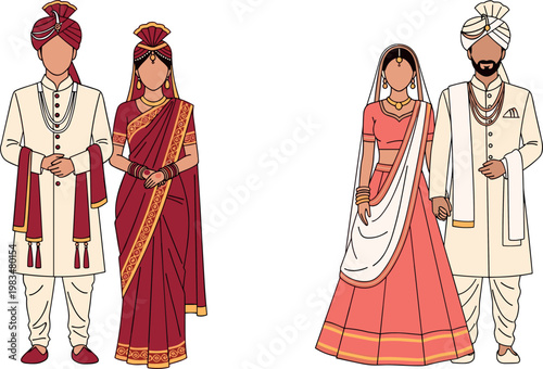 Indian wedding couples in traditional attire isolated on white background, bride and groom wearing ethnic outfits vector illustration set