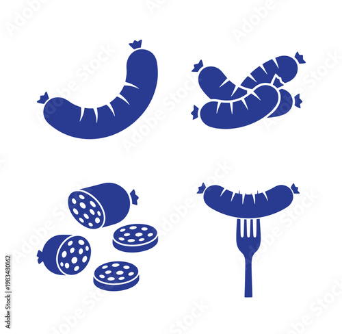 Blue silhouette icons of sausages and burgers on white background