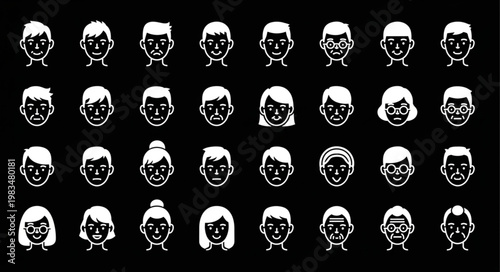 Collection of Diverse Human Face Icons Representing Different Emotions and Genders.