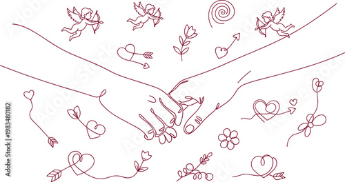 Romantic Hand-in-Hand Line Art with Cupid Arrows, Hearts, Flowers, and Love Symbols for Valentine's Day and Wedding Designs