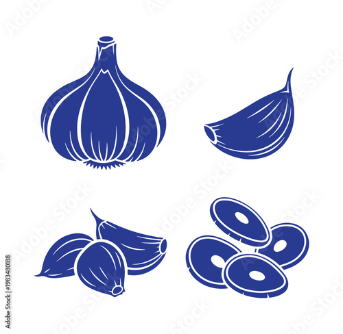 Blue silhouette illustrations of garlic bulbs and slices on white background