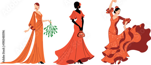 Elegant women in red dresses set isolated on white background, fashion models and flamenco dancer vector illustration collection