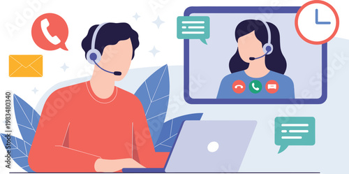 Customer service support center concept with agents wearing headsets having a video call for global technical help and  communication,