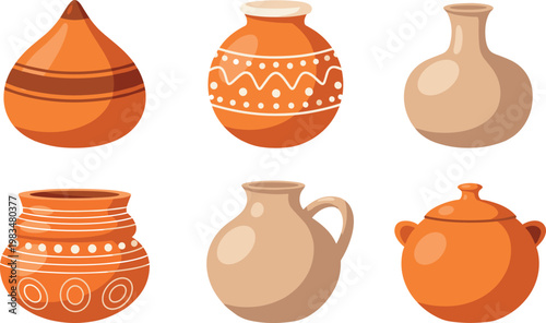 Clay pottery vector set simple ceramic pots and jugs collection minimal rustic kitchen vessels isolated illustration