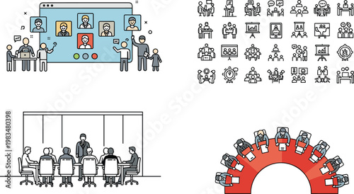 Corporate video conference meeting with business teamwork icons and boardroom discussion representing collaboration communication leadership and remote workplace strategy - flat vector illustration