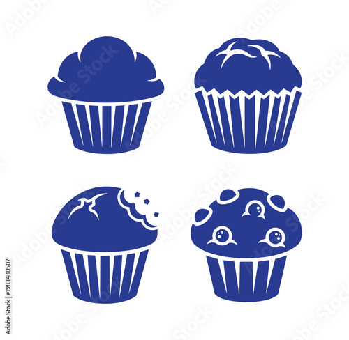 Four blue muffin icons in different styles on white background