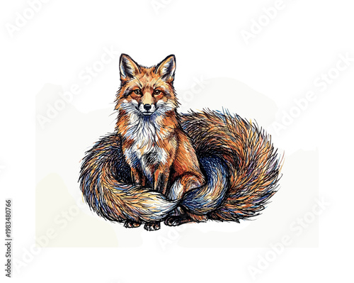 Sitting fox in full body pose with upright posture and bushy tail wrapped around the body highlighting fur density and graceful