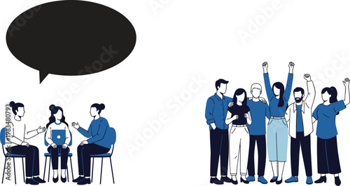 Group therapy counseling session with supportive discussion and diverse team celebrating success teamwork unity and collaboration concept modern workplace - flat vector illustration