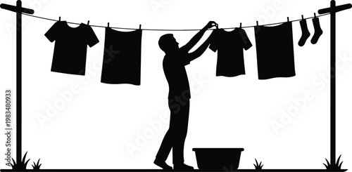 vector silhouette of a person hanging wet laundry on an outdoor clothesline