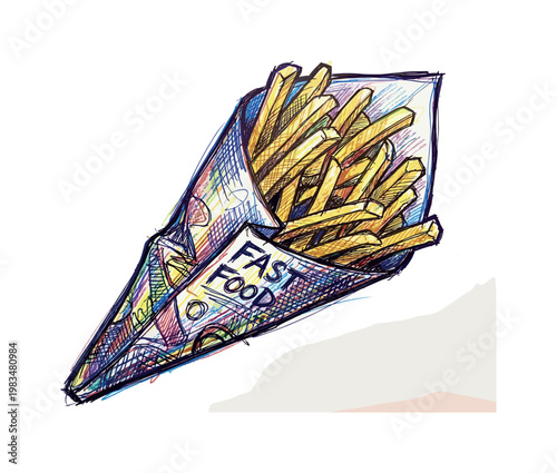 Paper cone filled with fries showing crisp sticks and folded wrapper forming recognizable fast street food portion in expressive