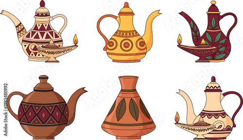 Traditional Arabic teapot vector set decorative dallah coffee pots collection with ornamental patterns isolated cultural illustration