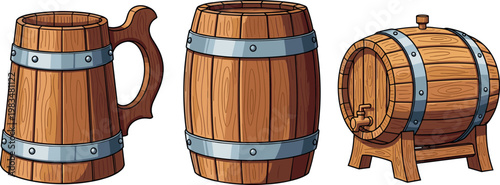 Wooden barrel and mug vector set rustic beer cask collection vintage brewery containers isolated detailed illustration