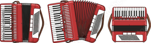 Red accordion instrument set with different angles detailed musical equipment illustration isolated on white background