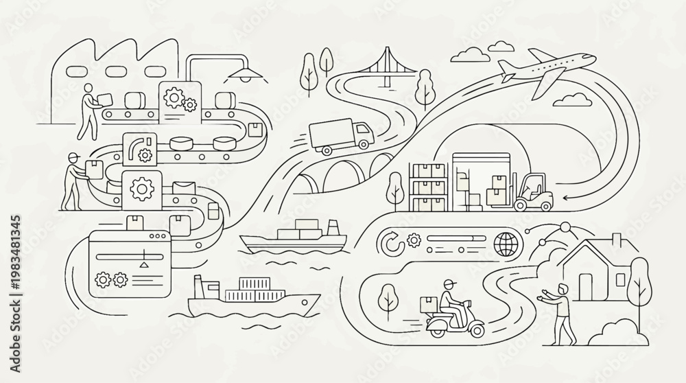 Naklejka premium Logistics and supply chain flow concept scene in S006-V2 strict curved minimal line logic - logistics, supply, chain, flow, concept, scene, s006-v2, strict