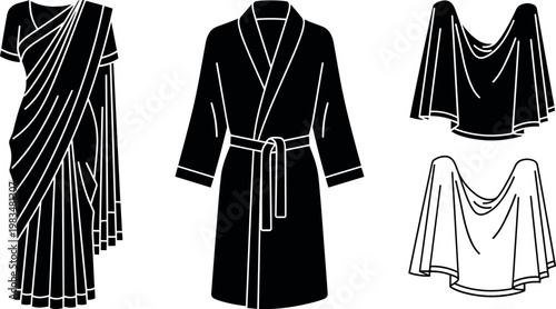 Clothing silhouettes set isolated on white background, saree bathrobe and draped garments black and white vector illustration collection