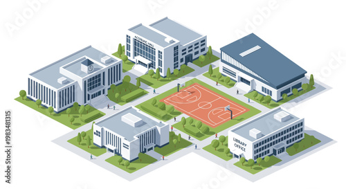 Isometric University Campus with Buildings and Sports Court
