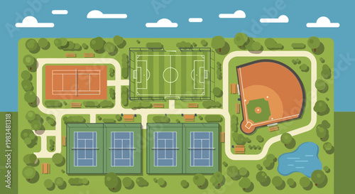 Aerial View of Outdoor Sports Complex with Soccer, Tennis, and Baseball Fields