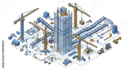 Isometric construction site with cranes, building, and machinery, engineering project.