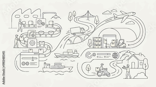 Logistics and supply chain flow concept scene in S006-V2 strict curved minimal line logic - logistics, supply, chain, flow, concept, scene, s006-v2, strict