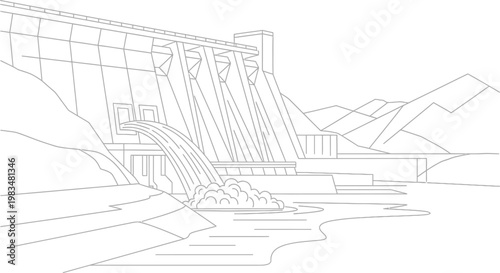 Large industrial water dam structure releasing water into a river for sustainable hydroelectric power generation in a natural landscape setting