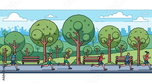 Diverse group of people running in a sunny park, healthy lifestyle, outdoor activity