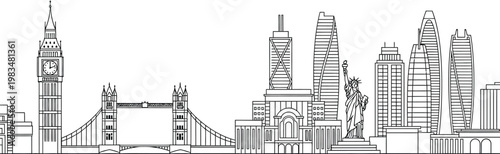 Iconic city landmarks including big ben and the statue of liberty depicted in a clean black and white line art