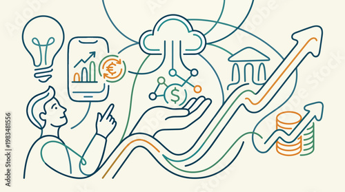 Digital finance growth concept scene in S006-V2 strict curved minimal line logic,  only curved - digital, finance, growth, concept, scene, s006-v2, strict, curved