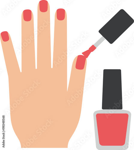 Vector illustration of a hand with pink nail polish being applied with a brush from a glass bottle,