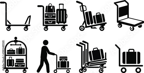 Luggage Trolley Airport Cart Icon Vector Set