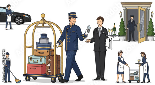 Hotel Staff Providing Luxury Guest Services, Bellhop, Valet, Concierge, Doorman