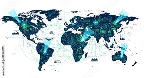 Global Network Map: Digital Connections and Transportation Routes Across World
