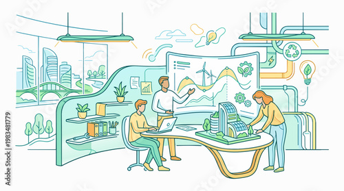 Eco innovation workspace scene in S006-V2 strict curved minimal line logic,  only curved minimal - eco, innovation, workspace, scene, s006-v2, strict, curved, line