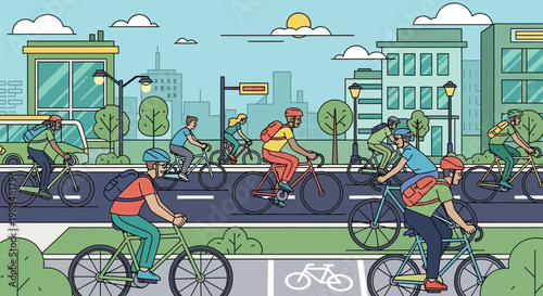 Diverse cyclists riding bicycles on city street with bike lane and buildings