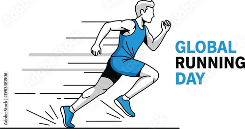 Professional athlete wearing blue sportswear running fast to celebrate global running day with speed and dynamic motion energy in illustration