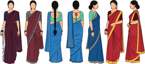Indian women saree front back and side view set isolated on white background, traditional ethnic clothing vector illustration collection
