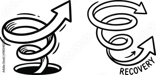 Hand drawn doodle style upward spiraling arrow emerging from a dark hole vector illustration for economic recovery, business bounce back, and financial growth success.