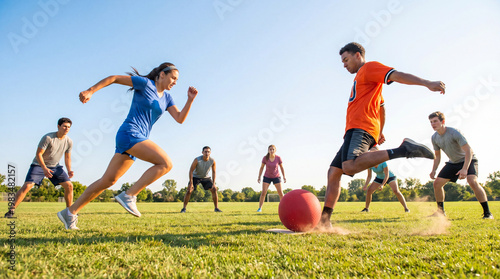 Group of young people playing kickball on grass field outdoors  