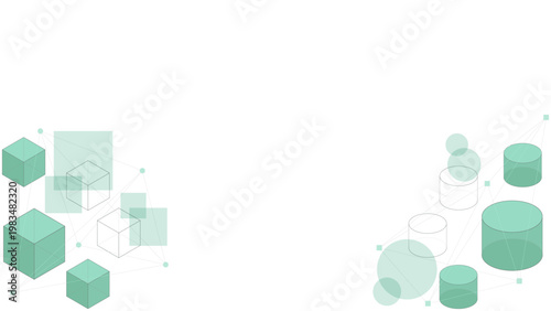 ミントグリーンの幾何学的なネットワーク背景素材 3D抽象イメージ／Abstract Geometric Network Background with Mint Green 3D Shapes