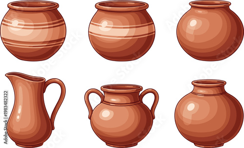 Clay pottery vector set traditional ceramic pots and pitcher collection rustic handmade kitchen vessels isolated illustration