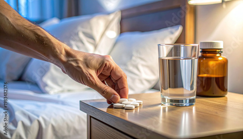 Closeup of a hand reaching for pills on a bedside table next to a glass of water and a bottle. This atmospheric image represents healthcare, insomnia, or routine nightly medication.