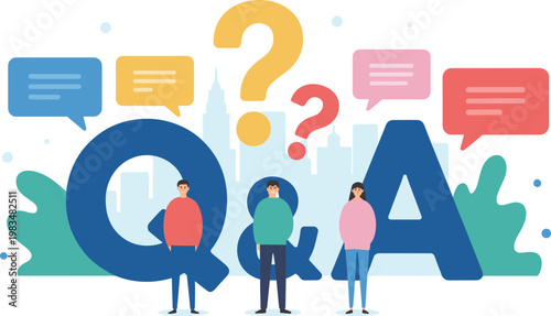 Questions and answers concept with people standing near big Q and A letters and question marks for support and information,