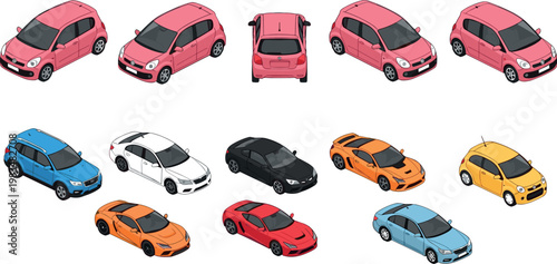 Isometric car vector set colorful modern vehicles collection with different models angles urban transport design isolated illustration