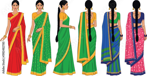 Indian women in saree front and back view set isolated on white background, traditional ethnic clothing vector illustration collection