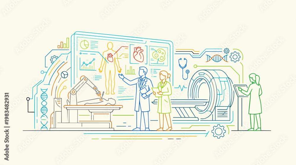 Naklejka premium Medical innovation concept scene in S002-V2 strict algorithmic line logic, same domain comparison round - medical, innovation, concept, scene, s002-v2, strict, algorithmic, line