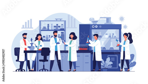 Group of scientists in white lab coats conducting research and experiments in a high tech laboratory with test tubes and microscopes.