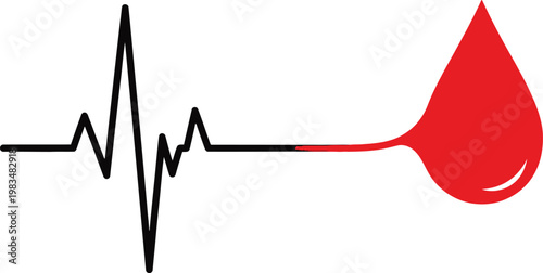 Heartbeat line merging into a bright red drop of blood representing life and medical health awareness for clinical diagnostic testing